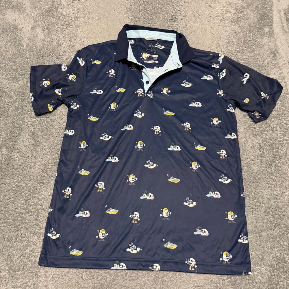 Swannies Polo Shirt Mens Medium Navy Golf Ball Print Short Sleeve Performance